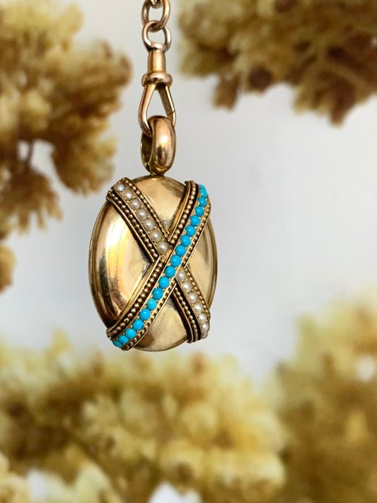 18ct gold mid to late 1800's Victorian seed pearl and turquoise locket