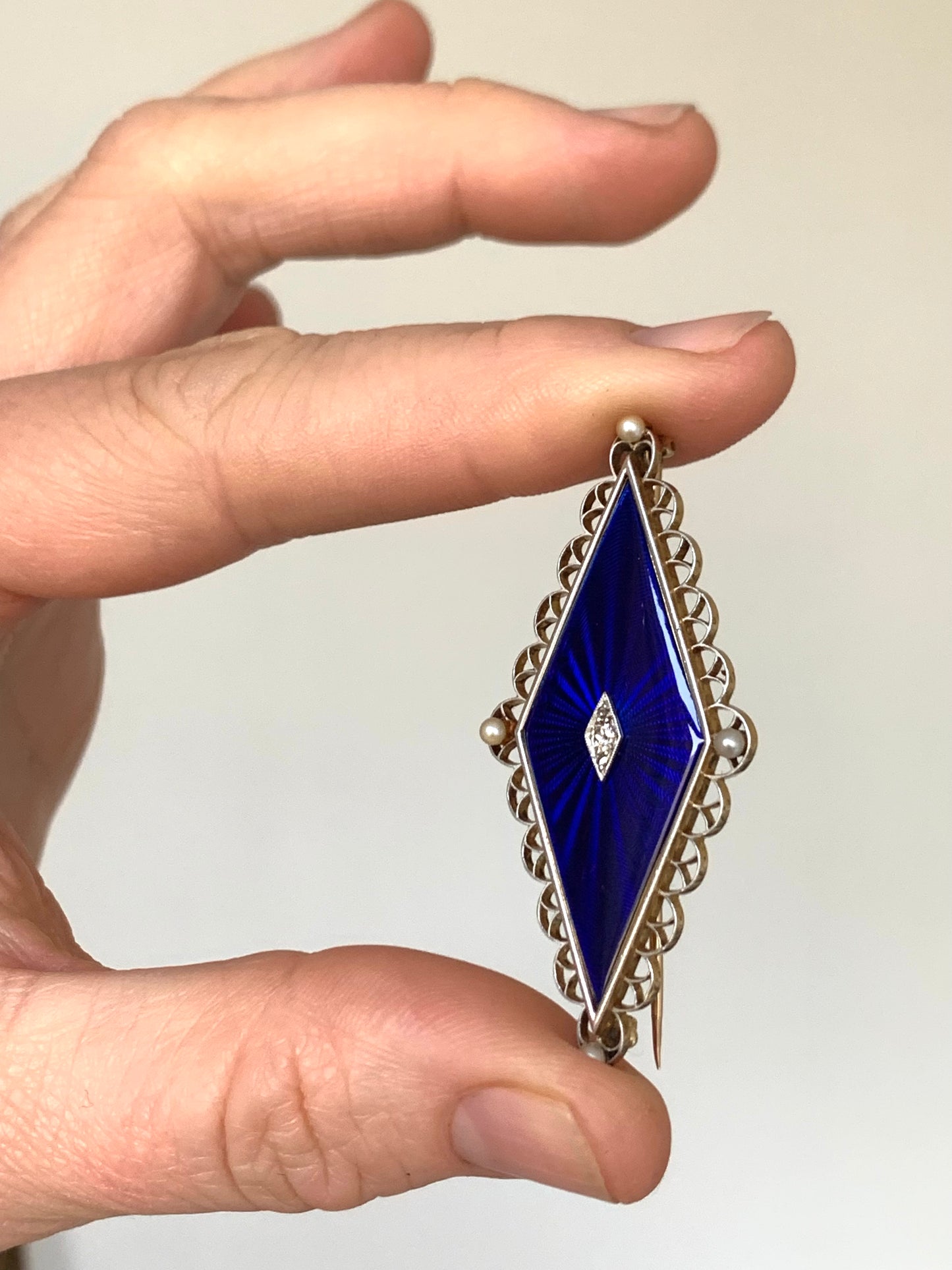 .585 14ct 1900s antique 3 diamond 4 pearl celestial star Art Nouveau Edwardian royal blue guilloché enamel, diamonds, pearl collectors item rare treasured brooch