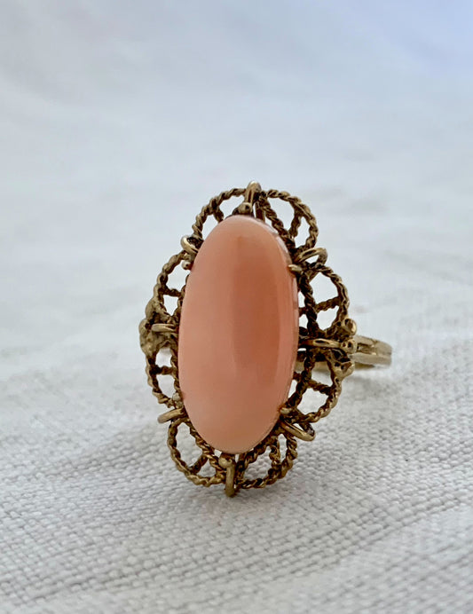 Angel skin Coral peach Coral high grade gold 14k fine gold and pink angel skin coral dress ring
