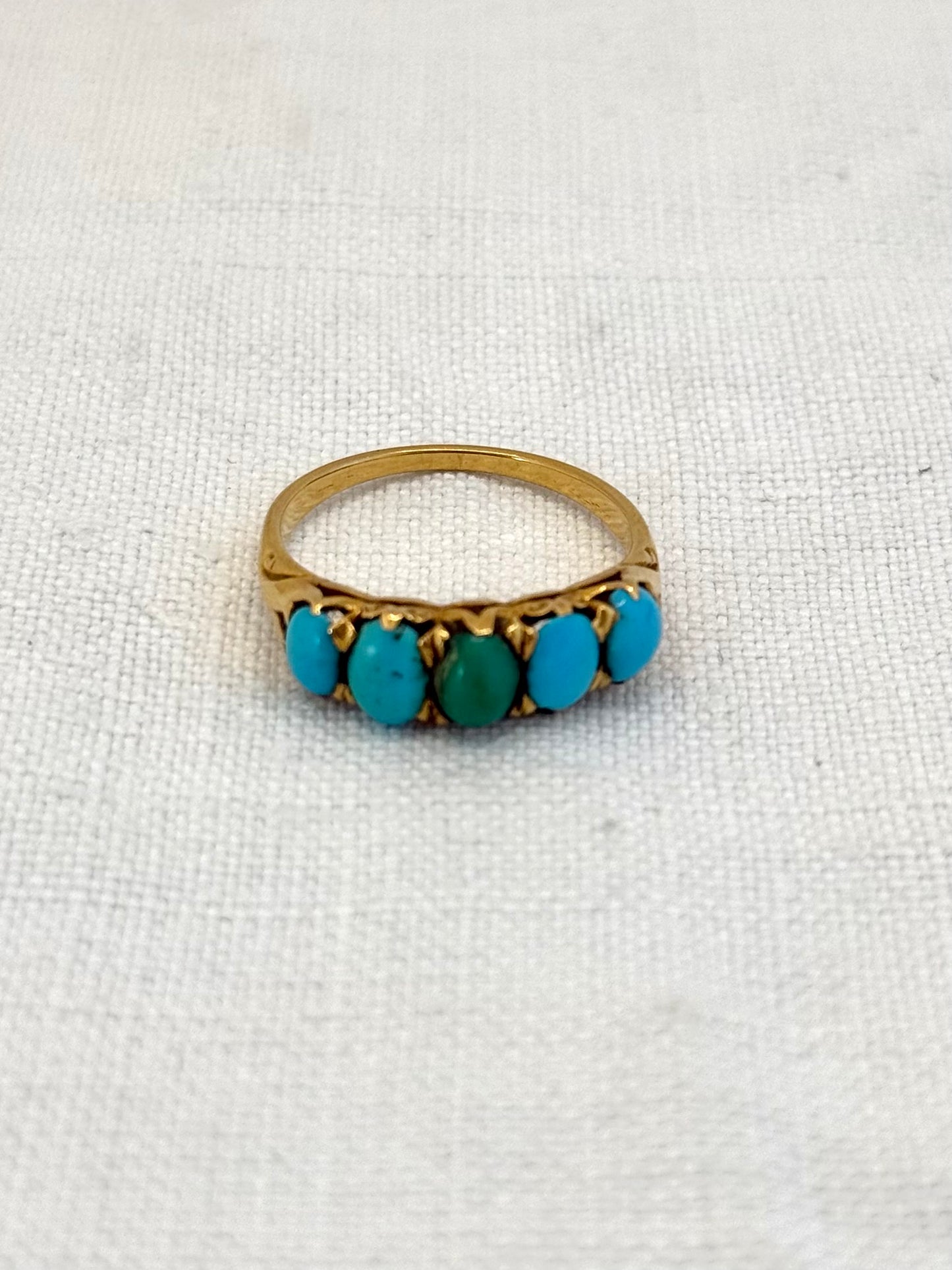 .18ct .1890s .5 turquoise Victorian blue gemstone half eternity high carat gold dress ring